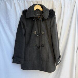Calvin Klein Charcoal Wool Toggle Coat | Faux Fur Hood | Size L